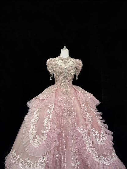 Langes Ballkleid für Sweet 16, herzförmiger Ausschnitt, Pink mit Spitzenapplikationen, Kleid zum 16. Geburtstag RC0320