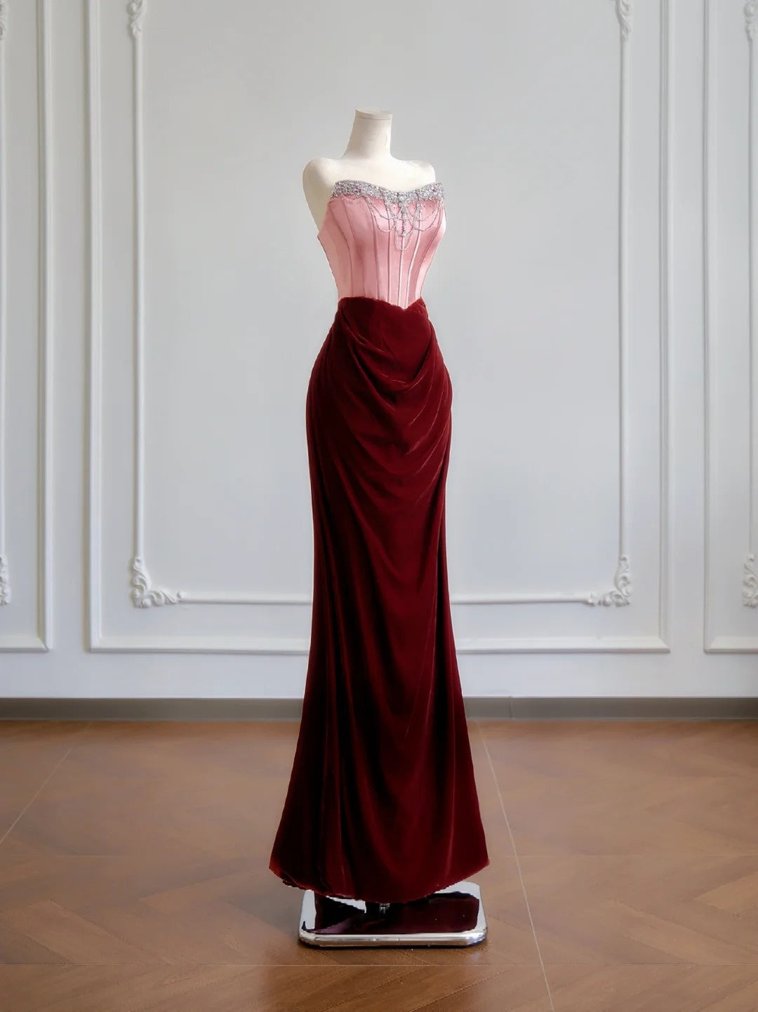 Romantic Mermaid Strapless Pink Top Satin Burgundy Velvet Long Prom Dresses Impress 18th Birthday Outfits Party Gown N393