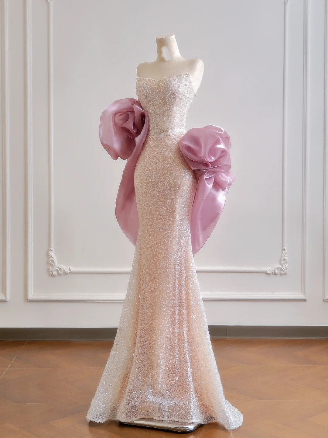 Glamorous Mermaid Strapless Light Pink Sequin With Cape Prom Dresses Long Evening Formal Gown BirthdayParty Gowns N377