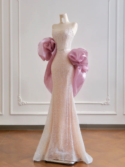 Glamorous Mermaid Strapless Light Pink Sequin With Cape Prom Dresses Long Evening Formal Gown BirthdayParty Gowns N377
