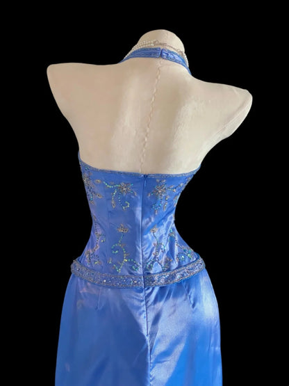 Glitzernde Meerjungfrauen-Neckholder Königlich Blau High-Low Lange Ballkleider Inspo Abend-Outfits RB4016