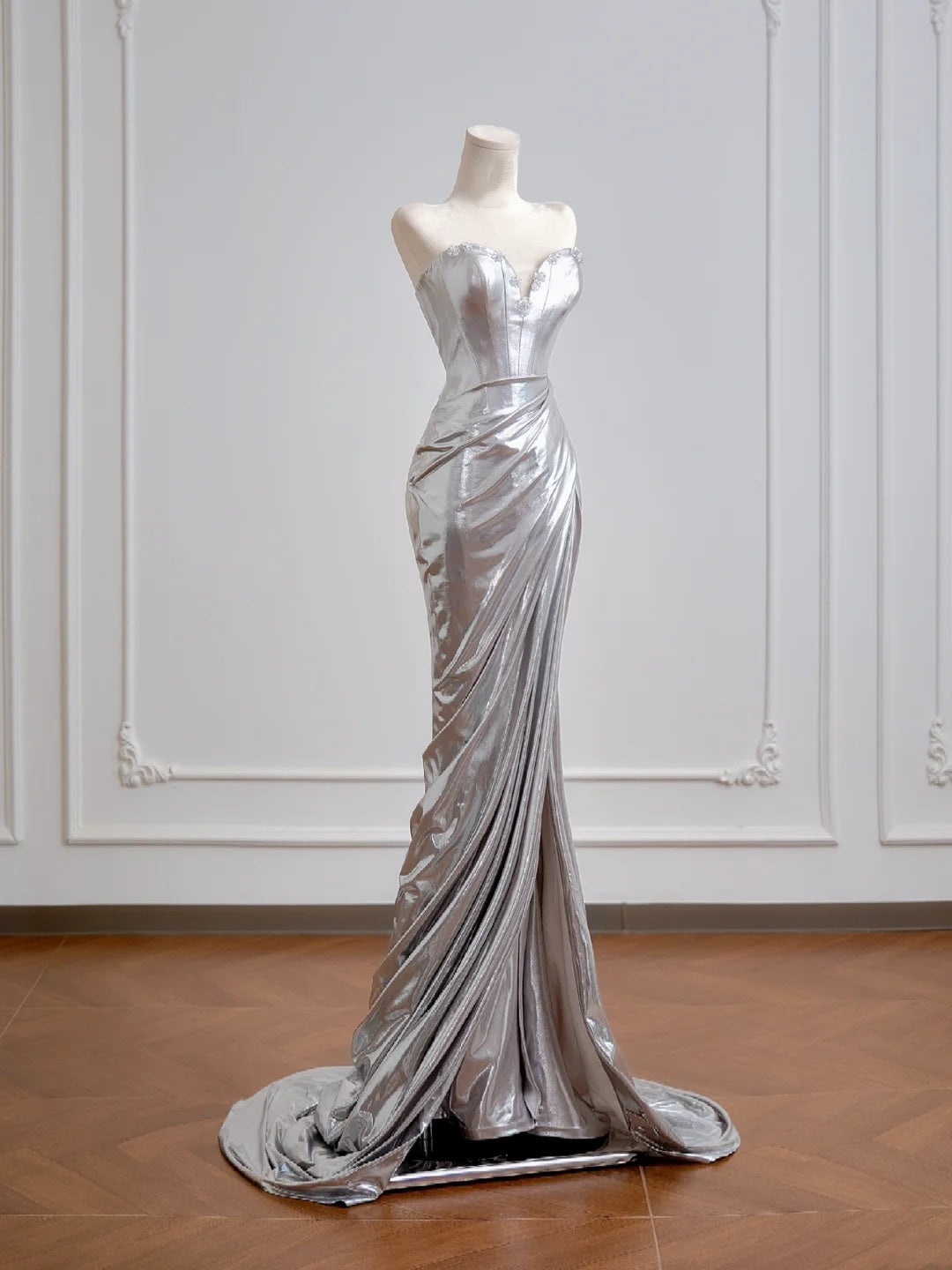 Robe de bal sirène brillante à sequins argentés en forme de cœur, longue robe de soirée formelle avec fente haute, robe de fête N345