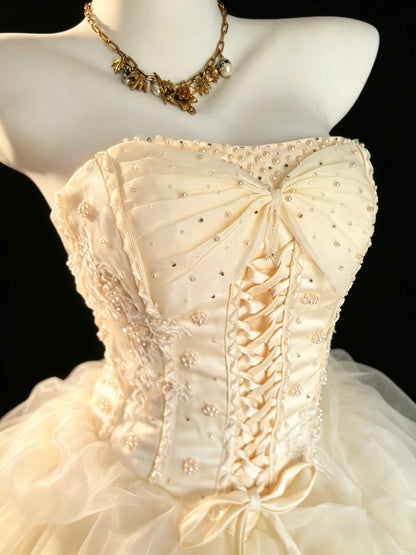 Robe de bal bustier en tulle jaune à volants pour Sweet 16, robe de Quinceanera longue 15 Vestidos De Fiesta N4213