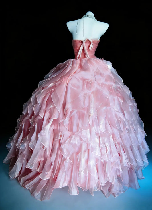 Cute Ball Gown Strapless Pink With Tiered Layers Ruffles Long Sweet 16 Gowns Prom Dresses N3038