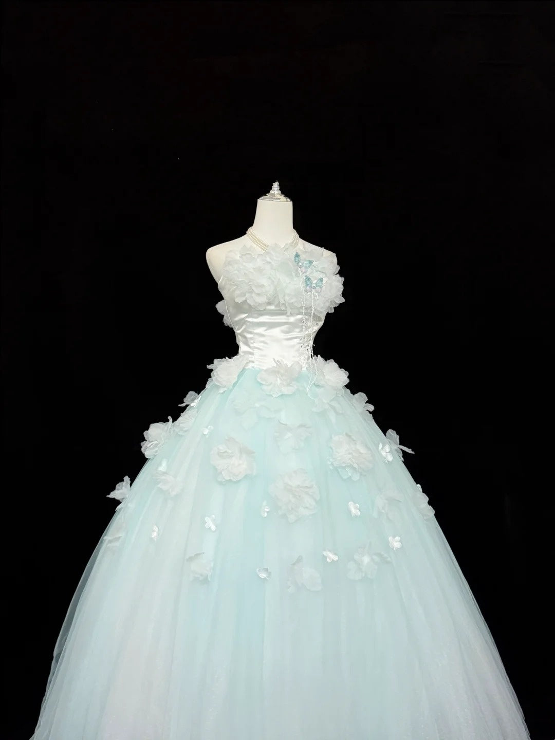 Langes Ballkleid für den 16. Geburtstag, trägerloses, blaues Abendkleid, RC0317