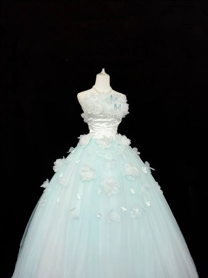 Langes Ballkleid für den 16. Geburtstag, trägerloses, blaues Abendkleid, RC0317