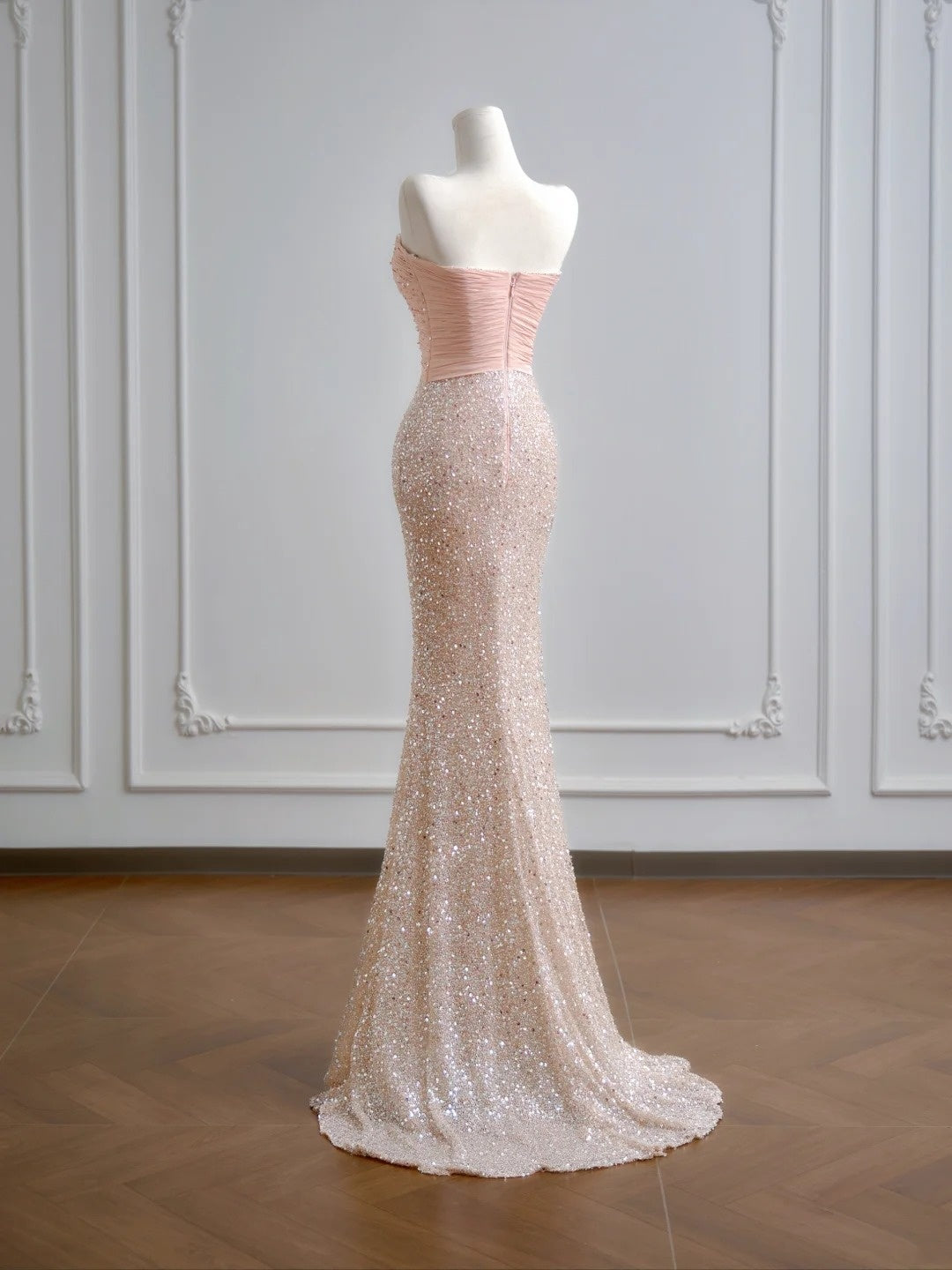 Robe de bal longue à sequins rose champagne, décolleté cœur, style sirène scintillante - Tenue de soirée idéale pour un 18e anniversaire - N386