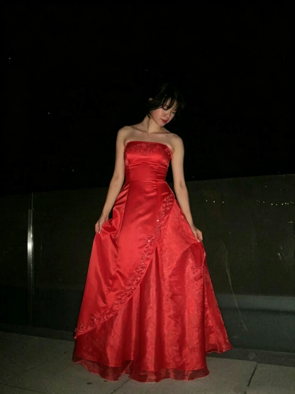 Robe de bal vintage rose clair sans bretelles, coupe trapèze, ornée de broderies, tenue de soirée formelle N536