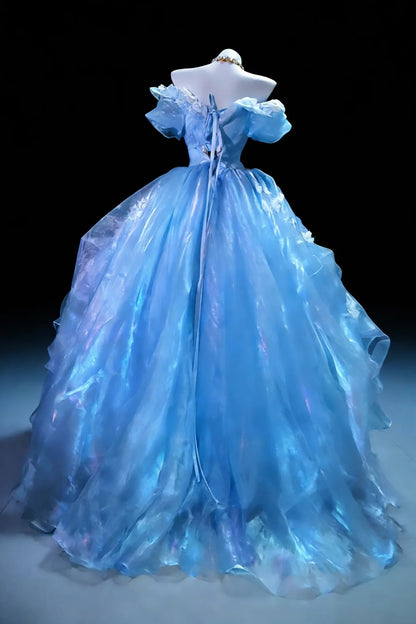 Fairy Ball Gown Off The Shoulder Blue Organza Quince Dresses Quinceanera Dress N2959