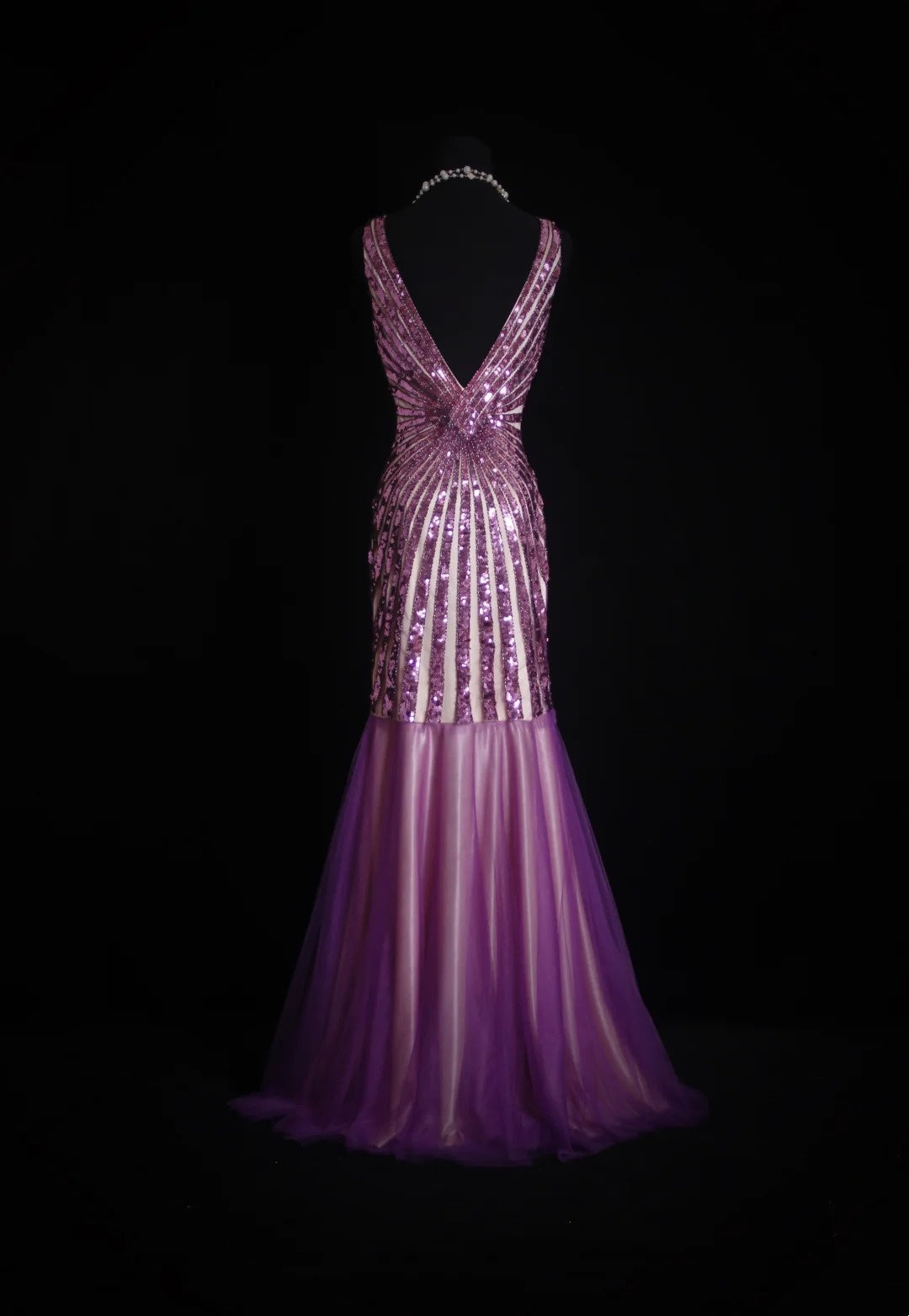 Robes de bal vintage Esthétique Années 80 Rétro Sirène Col en V Lilas Paillettes Robes de soirée longues N2330