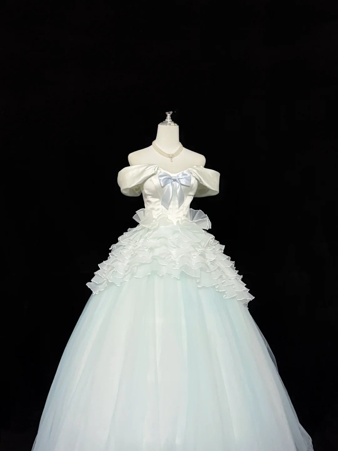 Tulle Prom Dress Long Floor Length Ball Gown Off Shoulder With Bow-knot Formal Evening Gown For Women RC0246