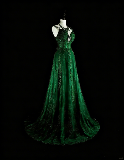 Schlichtes, langes A-Linien-Abendkleid mit Spaghettiträgern aus dunkelgrünem Tüll und Applikationen, Modell N1847