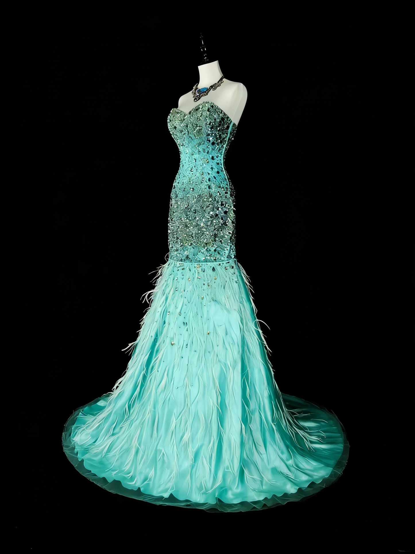 Vintage Meerjungfrauen-Abendkleid aus den 1960er Jahren, blau mit Kristallverzierungen, ärmellos, lang, elegant, mit Herzausschnitt, N1592