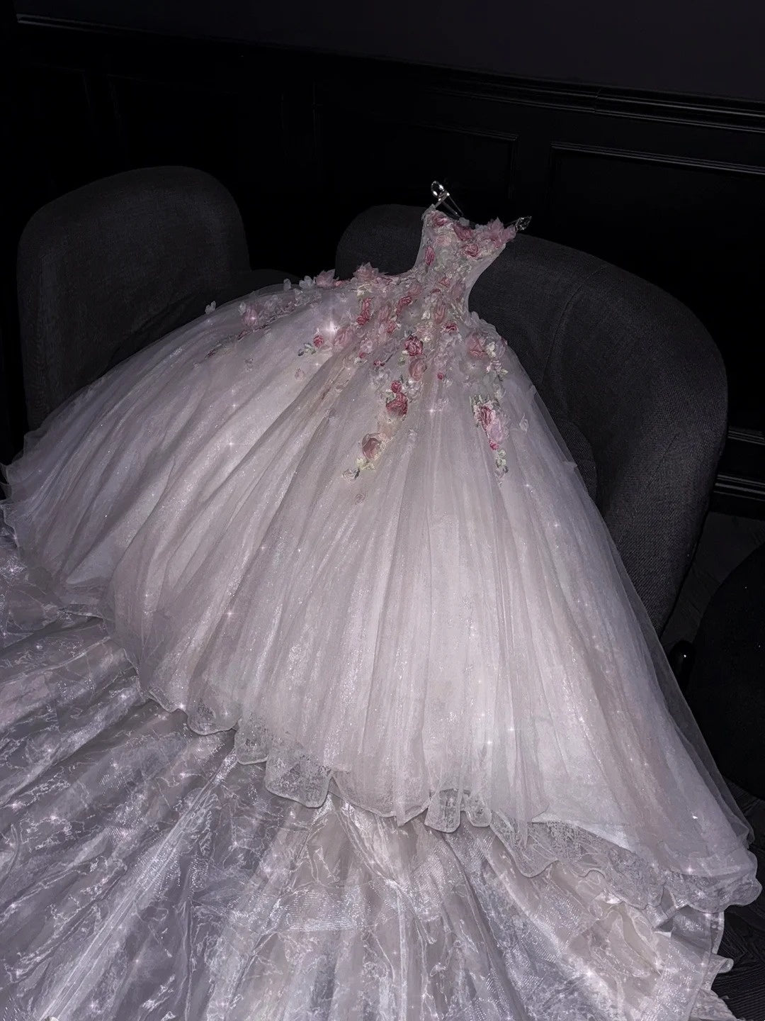 Princess Ball Gown Strapless Pink Floral Tulle Long Formal Evening Dress Formal 18th Birthday Gowns Prom Dresses N736