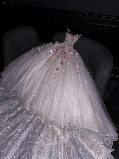 Princess Ball Gown Strapless Pink Floral Tulle Long Formal Evening Dress Formal 18th Birthday Gowns Prom Dresses N736