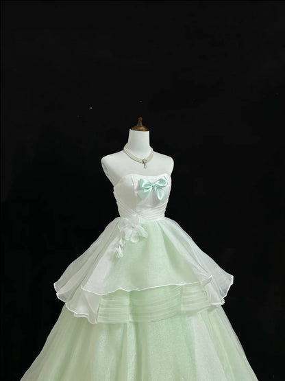Sweet 15 Quinceanera Dress Ball Gown Strapless Mint Green With Flowers Tiered 15th Birthday Gown RC0231