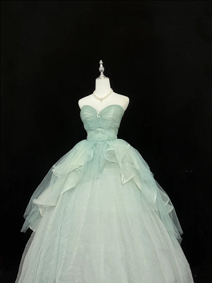 Abendkleider für den 16. Geburtstag, langes Ballkleid, langes Geburtstagskleid für Sweet Sixteen, trägerloses, salbeigrünes Festkleid RC0362