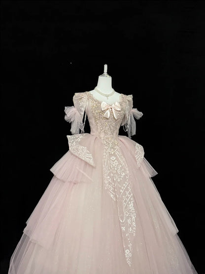 Langes Ballkleid für Sweet 16, eckiger Ausschnitt, Pink mit Spitzenapplikationen, Geburtstagskleid für Sweet Sixteen RC0325