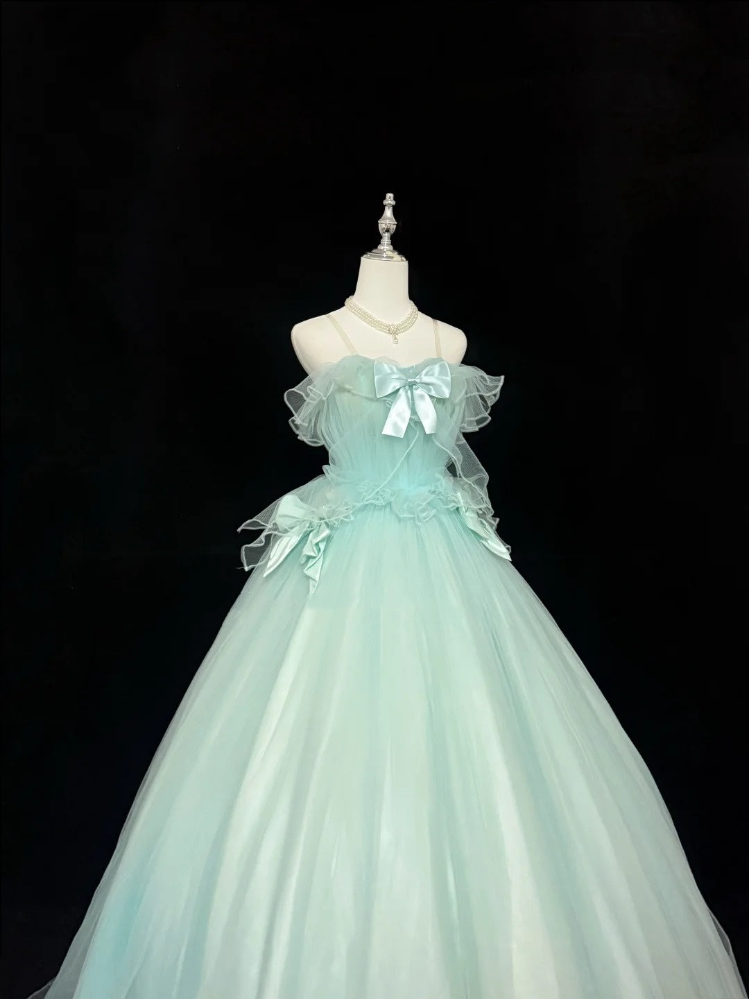 Mint Green Prom Dress Long Floor Length Ball Gown Straps With Bow-knot Formal Evening Gown For Women RC0244