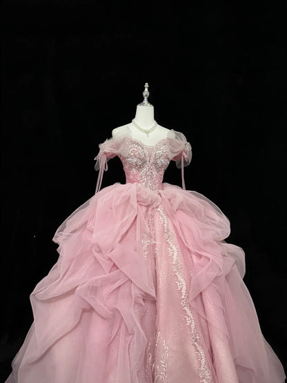 Rosa langes Ballkleid für den 16. Geburtstag, schulterfrei mit gerüschter Pailletten-Spitze, Modell RC0235