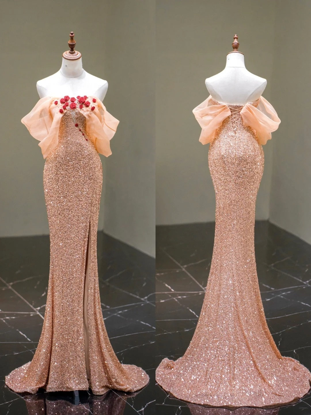 Robe de bal longue sirène rose à sequins, épaules dénudées et fente, modèle N671