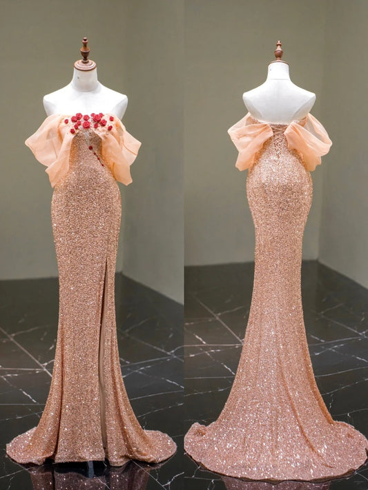 Robe de bal longue sirène rose à sequins, épaules dénudées et fente, modèle N671