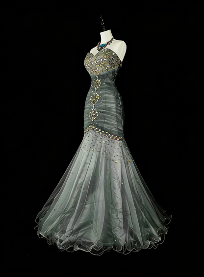 Esthétique Robes de Bal Vintage Années 50 Rétro Sirène Cœur Robe de Soirée Longue Grise N2022