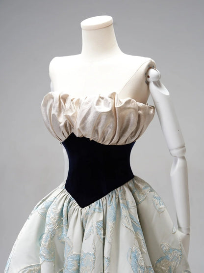 Modest Ball Gown Strapless Floral Blue Satin Long Evening Prom Dresses Floor Length Evening Formal Dress N273