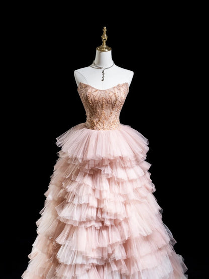 Magnifique robe de bal rose sans bretelles en satin et tulle, robe de soirée idéale pour les 16 ans, robe de cérémonie N296