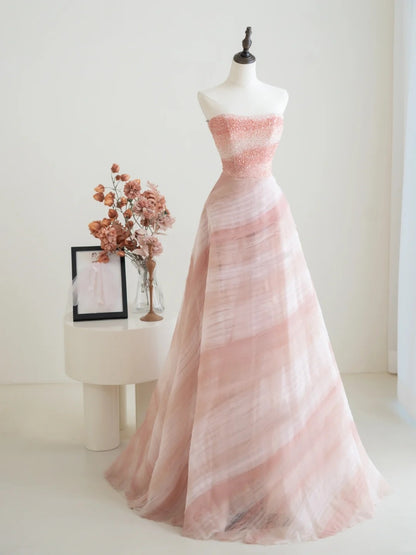 Robe de bal élégante sans bretelles en tulle rose ornée de cristaux et de perles, robe de soirée longue, tenue pour un 18e anniversaire, robe de remise de diplôme N233