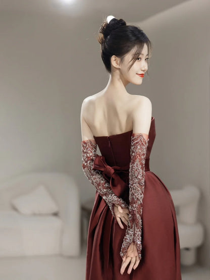 Modest Mermaid Strapless Satin With Gloves For Women Party Dress Long Formal Prom Dresses 22th Birthday Outfits N297