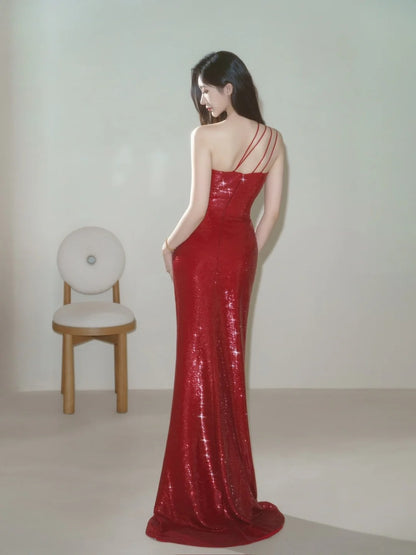 Robe de bal longue bordeaux à sequins, style sirène simple, asymétrique, à une épaule. Inspiration tenue de soirée N225