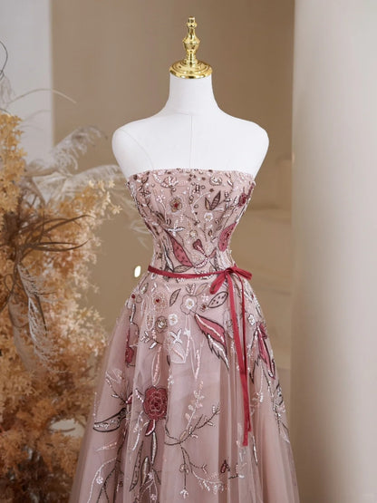 Robe de bal longue bustier en tulle et dentelle florale, idéale pour un 19e anniversaire (réf. N237)