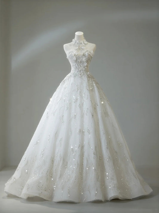 Classic Ball Gown High Neck Wedding Dresses Crystal Beading Sequin White Brides Dress Summer Bridal Gowns N276