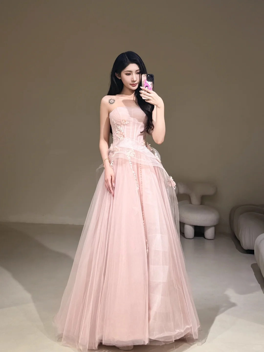 Sweet Ball Gown Strapless Pink Tulle With Lace For Women Party Dress Long Formal Prom Dresses 22th Birthday Outfits N298