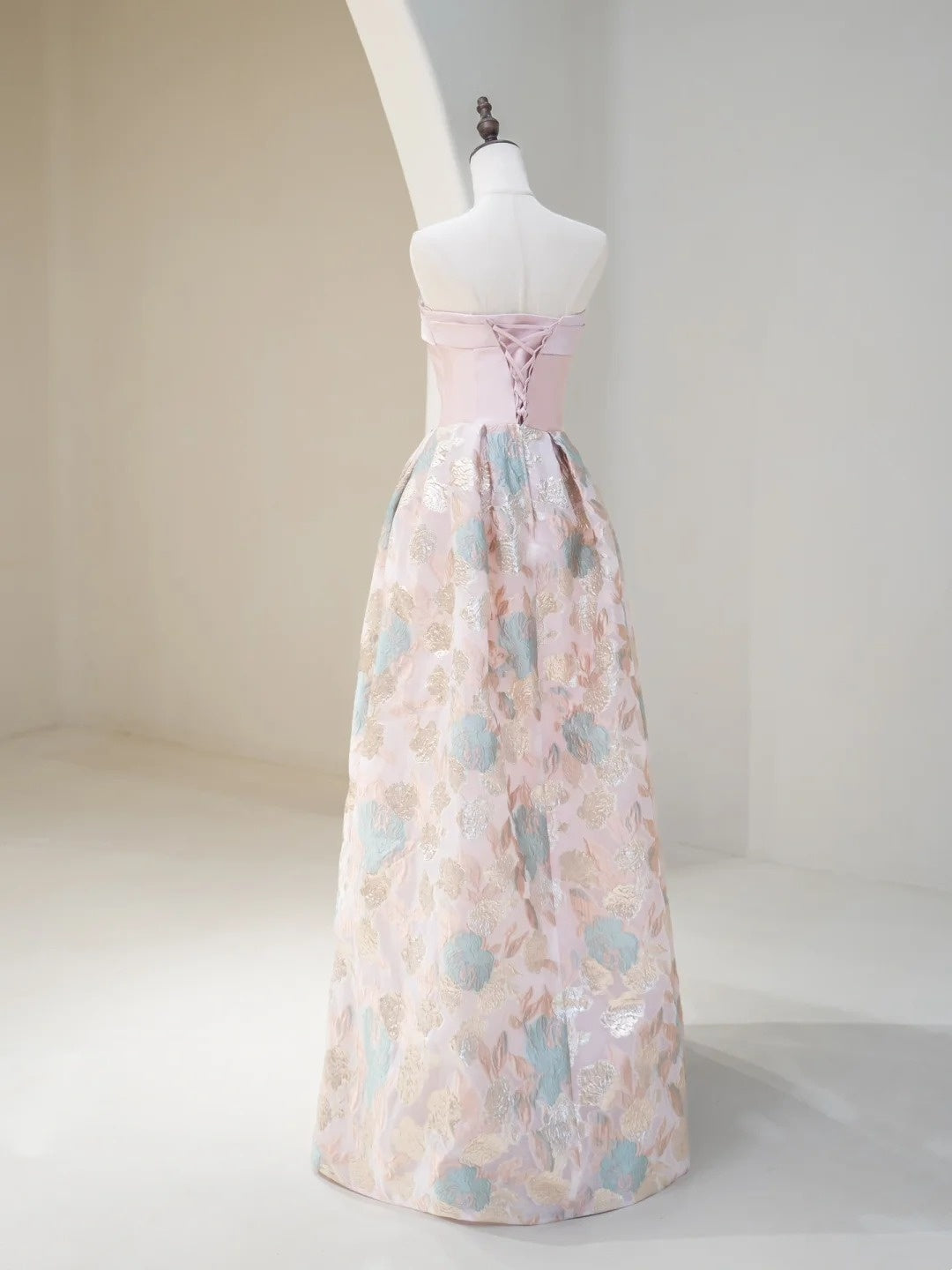 Classy Ball Gown Strapless Pink Floral Satin Prom Dresses Long Party Dress 18th Birthday Outfit Graduation Dress RB1037