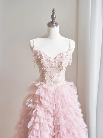 Robe de bal longue en tulle rose poudré à fines bretelles spaghetti, inspiration robe de soirée formelle N235