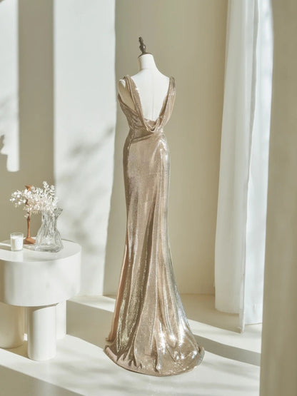Elegantes, champagnerfarbenes Paillettenkleid im Meerjungfrauenstil für Damen – langes, formelles Ballkleid zum 22. Geburtstag (AC048)