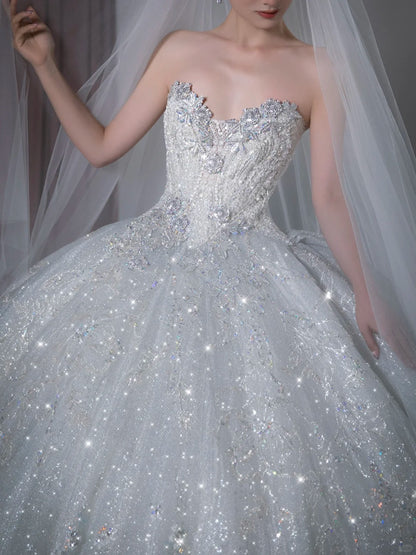 Modern Minimalist Ball Gown Sweetheart Sleeveless White Sequined Brides Gown Bridal Dress Wedding Dresses Style RB6563