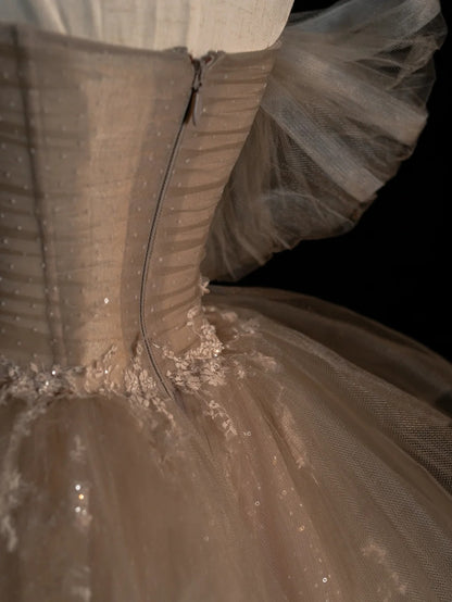 Elegant Ball Gown Off The Shoulder Champagne With Sleeves Tulle Inspiration Long Prom Dresses N1227