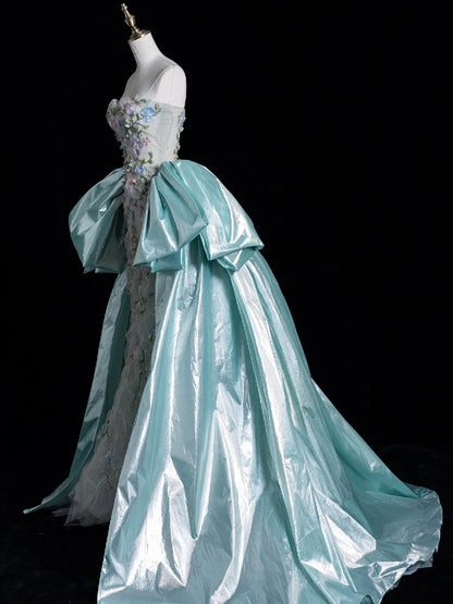 Schlichtes, ärmelloses, langes Tüllkleid mit Blumenmuster und Herzausschnitt in Mintgrün für Damen und Mädchen, Abendkleid N655