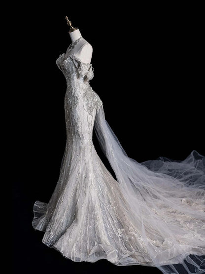 Sparkly Mermaid Off The Shoulder Gray Court Train Brides Gown Bridal Dress Style Long Wedding Dresses RB6557