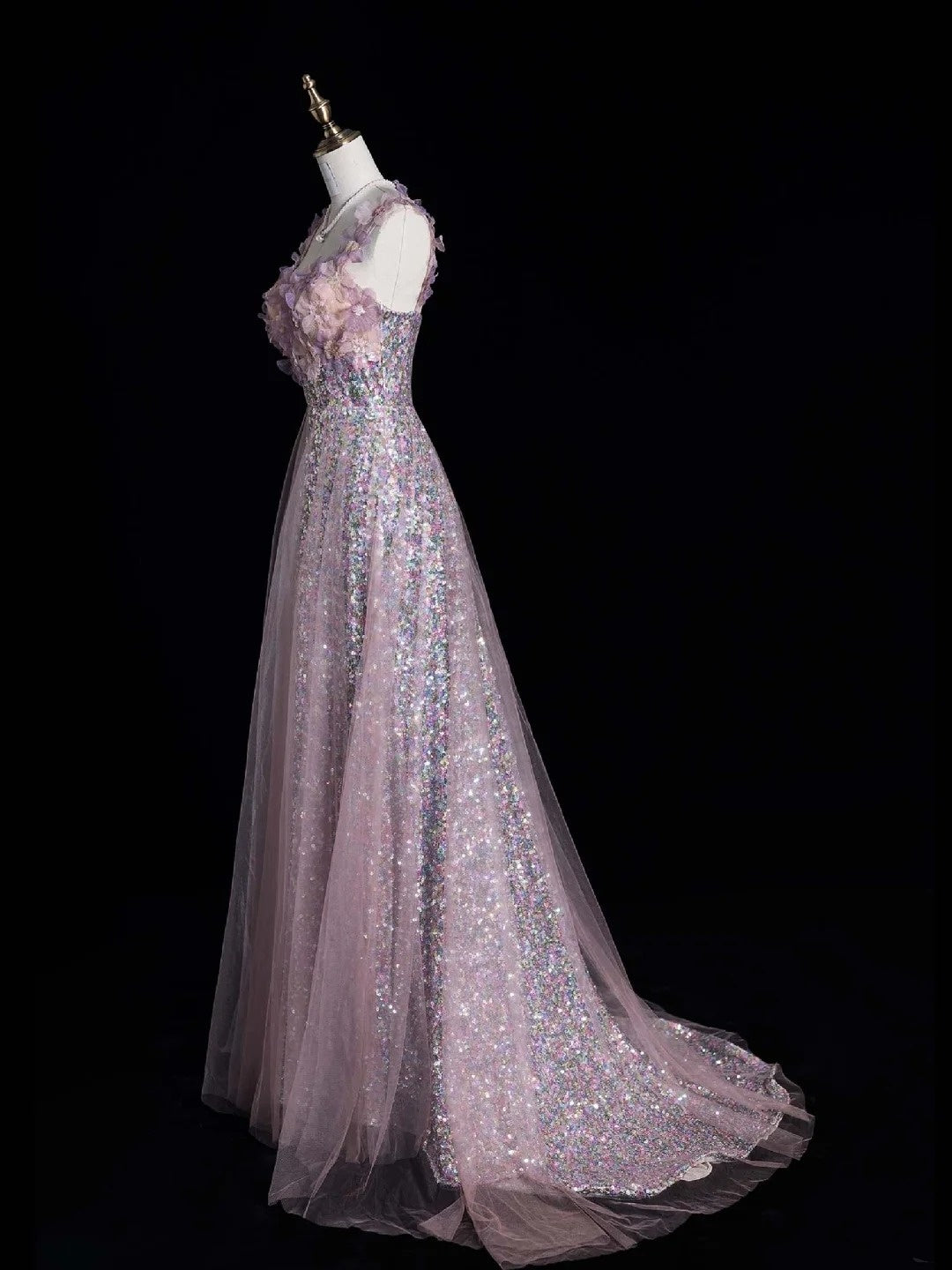 Robe de bal longue élégante à bretelles spaghetti et sequins roses, coupe trapèze, idéale pour les soirées formelles (Vestidos De Dia N766)