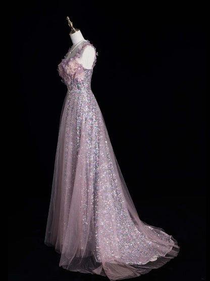 Robe de bal longue élégante à bretelles spaghetti et sequins roses, coupe trapèze, idéale pour les soirées formelles (Vestidos De Dia N766)