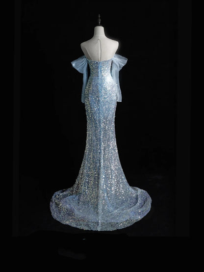 Magnifique robe de bal longue sirène à sequins bleu ciel clair, épaules dénudées, inspiration tenue de soirée N245
