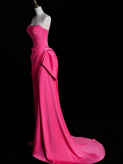 Einfaches, trägerloses, plissiertes, langes Meerjungfrauen-Abendkleid aus rosa Satin mit Satin-Details, Abendkleid N849