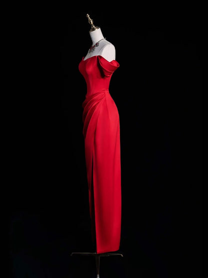Elegantes, schulterfreies, rotes Satin-Etui-Kleid mit Schlitz für den Abschlussball (High School) – Langes, formelles Kleid N1271