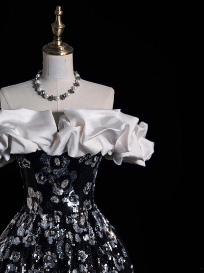 Robe de bal sobre à épaules dénudées, sequins floraux noirs, tenue de soirée pour jeunes filles (N1166), robe de bal longue pour adolescentes