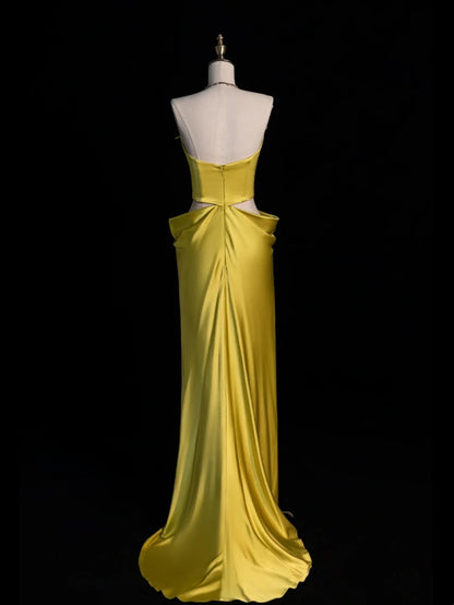 Robe de bal longue sirène sans bretelles en satin jaune, style années 80, pour lycéennes (N1339)