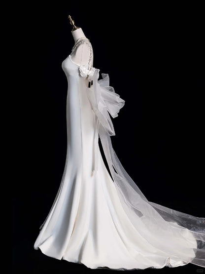 Dreamy Mermaid Straps Satin White With Bow Brides Gown Bridal Dress Style Long Wedding Dresses RB6569